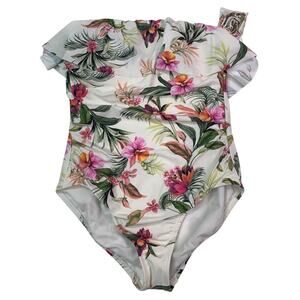 New Kona Sol Womens Medium Ruffled Floral Strapless One Piece Swim Suit